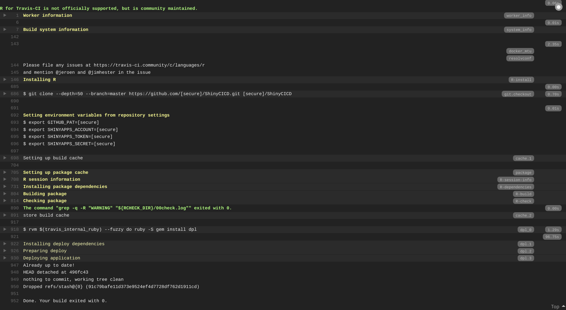 Travis Continuous Integration / Continuous Deployment pipeline for a packaged Shiny app